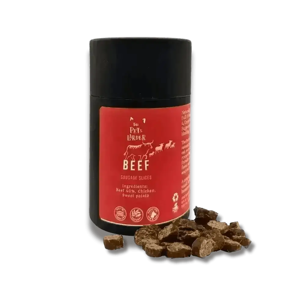 Red gourmet beef sausage slices in black and red Beef Feast container