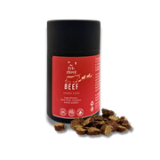 Red gourmet beef sausage slices in black and red Beef Feast container