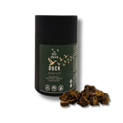 Gourmet duck sausage bites in dark green jar with bird illustrations