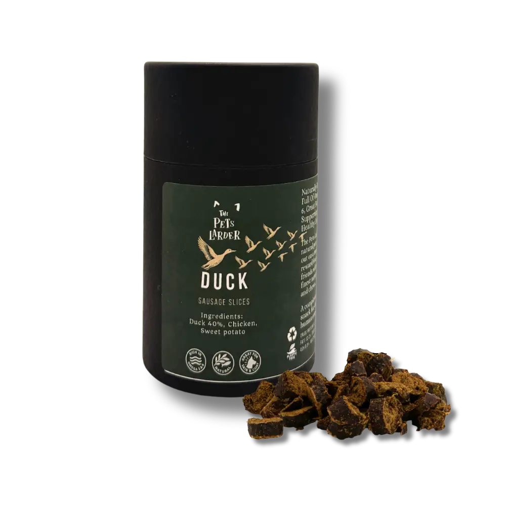 Gourmet duck sausage bites in dark green jar with bird illustrations