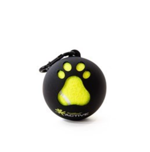 Black ball with yellow paw print and 'Active' branding on a white background
