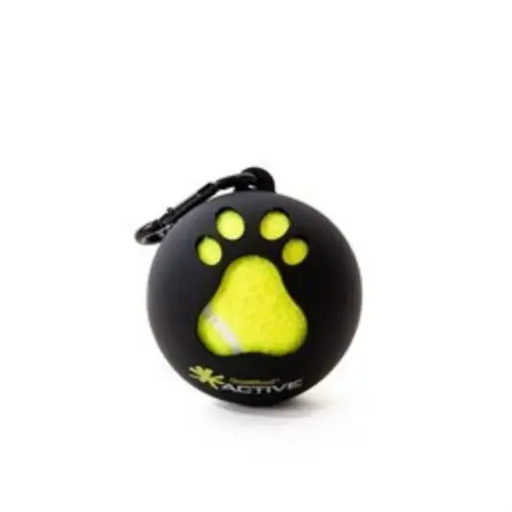 Black ball with yellow paw print and 'Active' branding on a white background