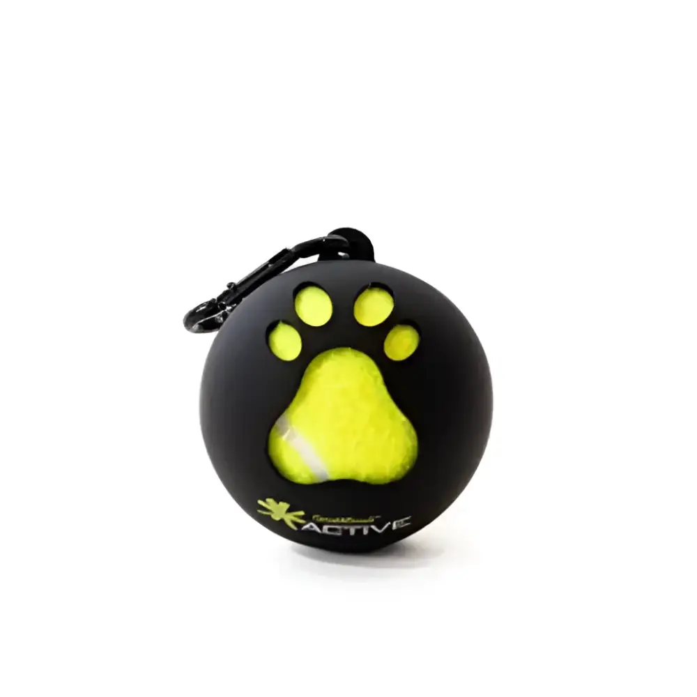 Black and neon yellow tennis ball keychain with paw print in Great&Small Active Ball Holder
