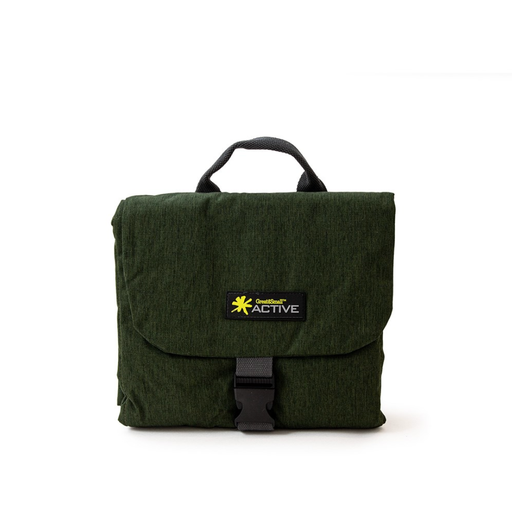 Green travel mat with a visible brand logo on a white background