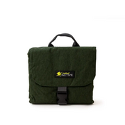 Green canvas messenger bag with black strap, buckle, and Active logo on water resistant travel mat
