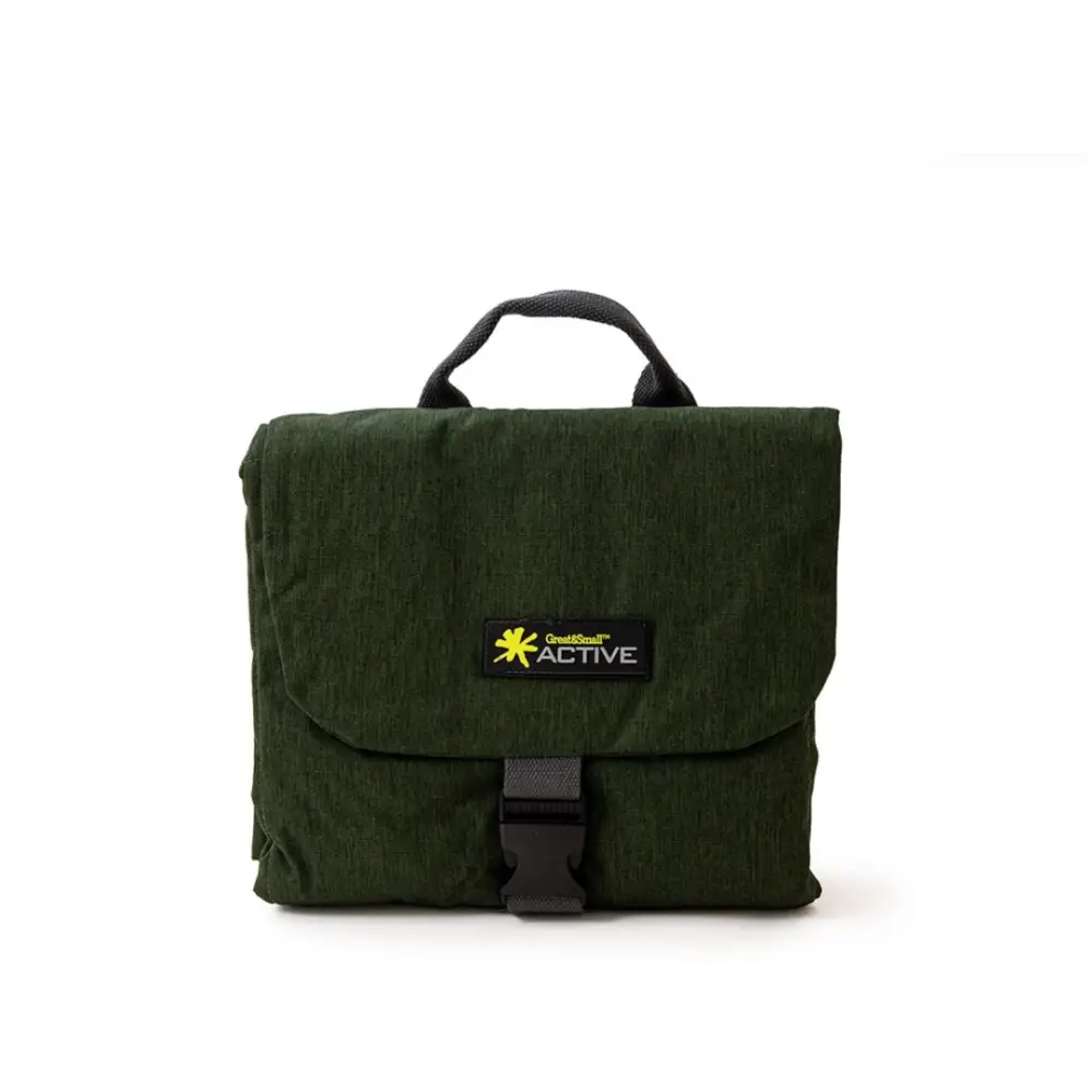 Green canvas messenger bag with black strap, buckle, and Active logo on water resistant travel mat