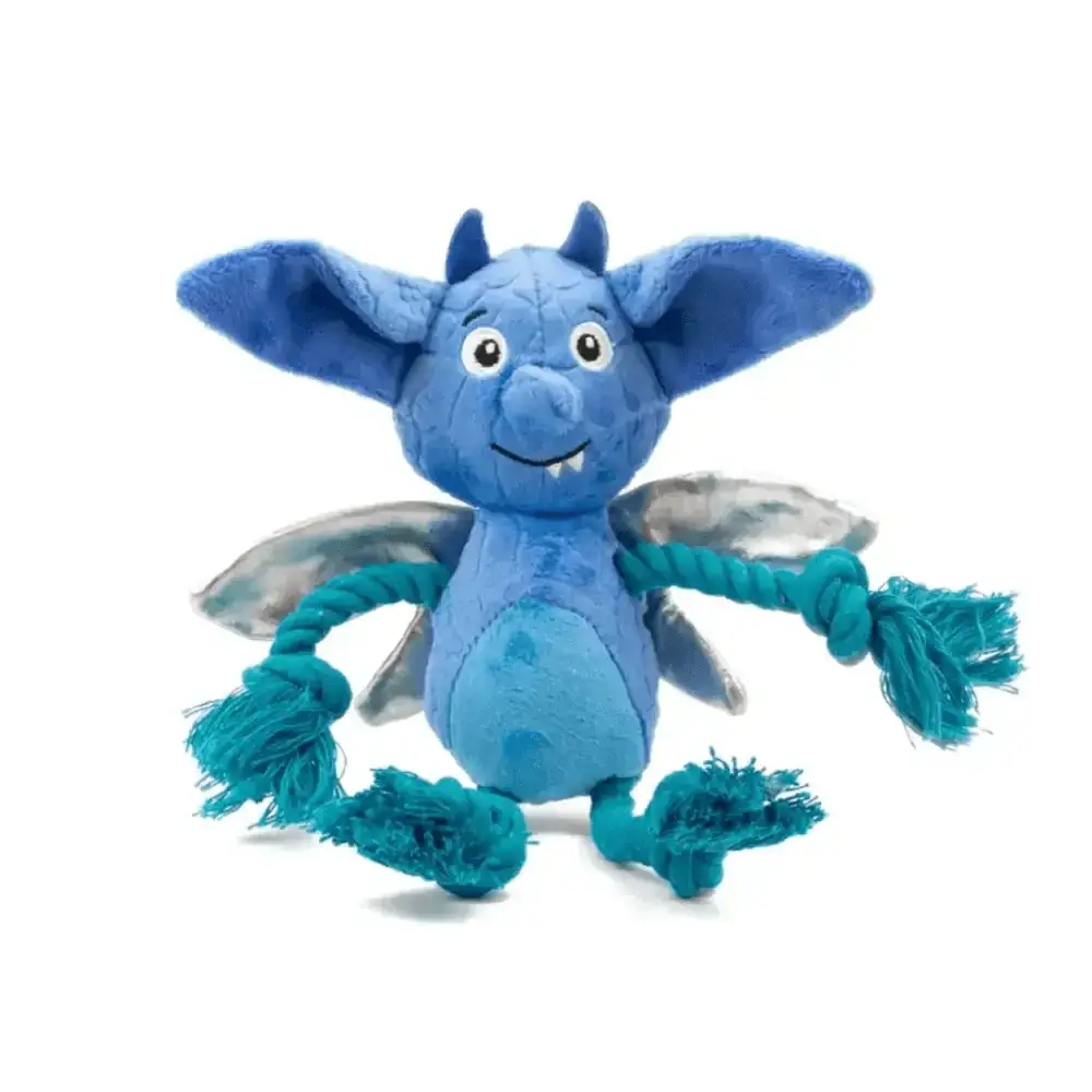 Blue dragon plush toy from Great&Small British Beasts with rope limbs, designed by HuggleHounds