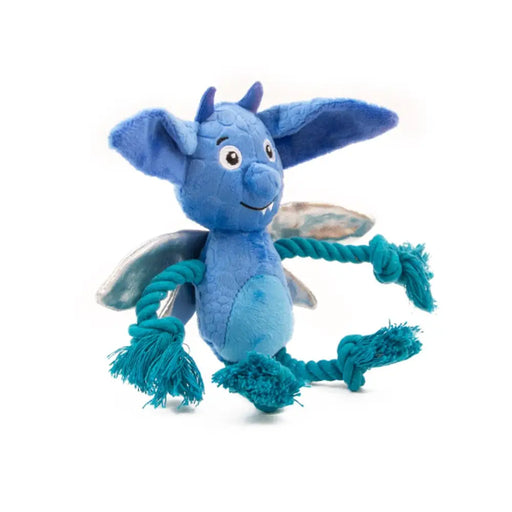 Blue Cornish Pixie dog toy sits on a white background