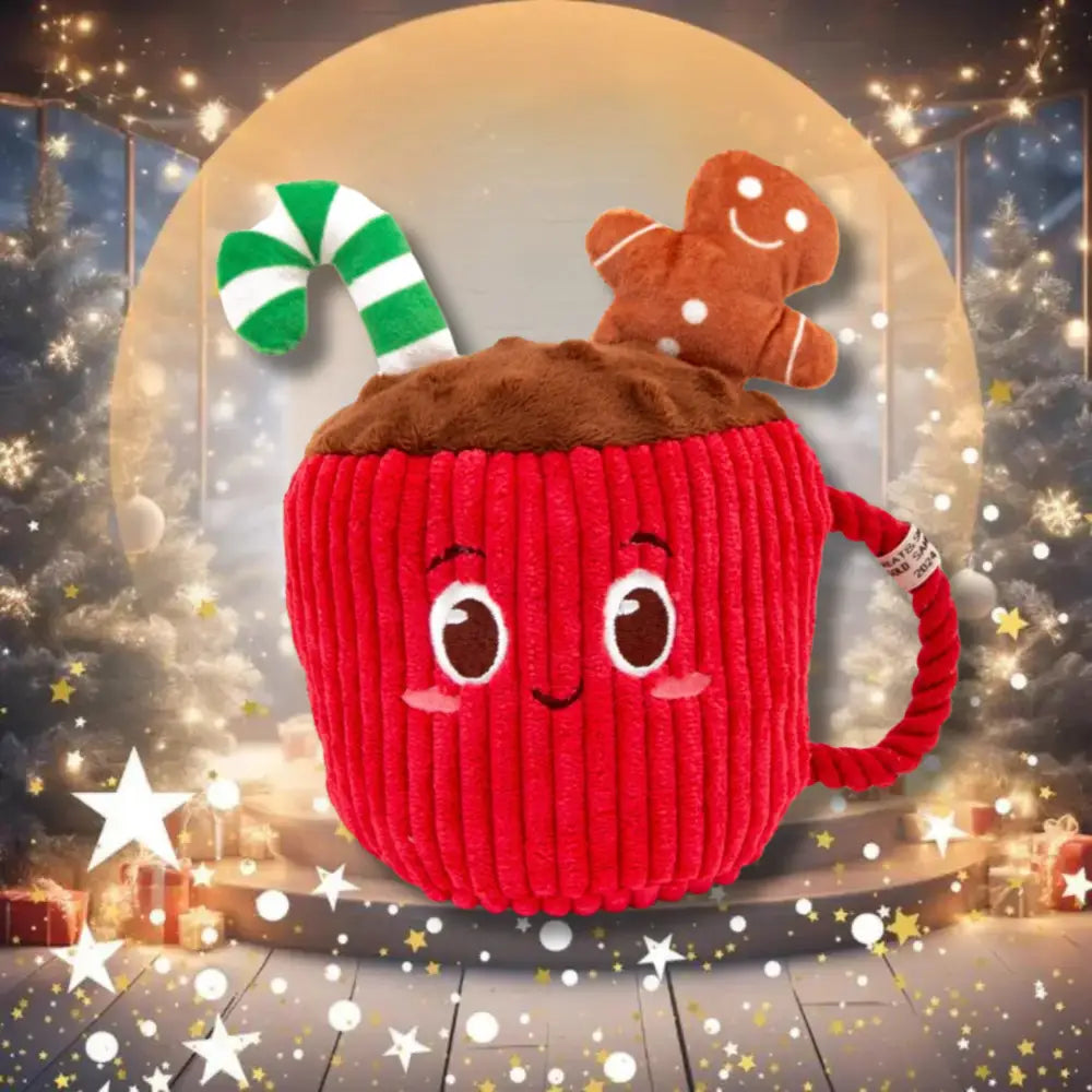 Great&Small Christmas Holiday Hot Chocolate mug with red corduroy, gingerbread man design