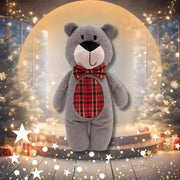 Great&Smalls Tartan Christmas Bear: Gray Plush Teddy with Red Bow Tie