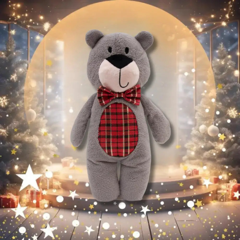 Great&Smalls Tartan Christmas Bear: Gray Plush Teddy with Red Bow Tie