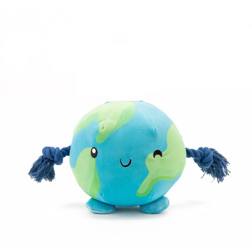 Plush toy resembling the Earth with a happy face on a white background