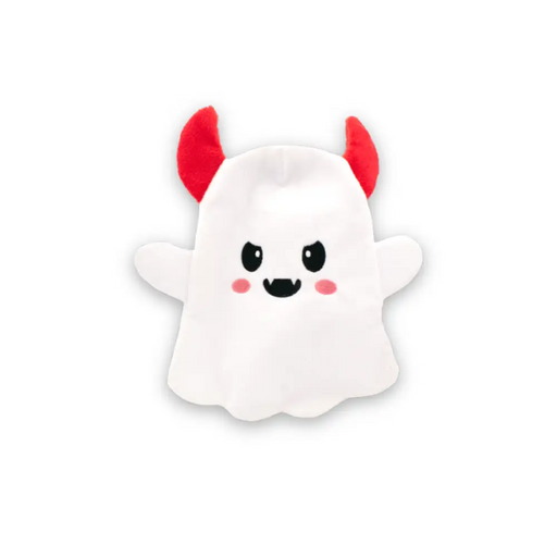 Cute ghost plush toy with red horns on a white background