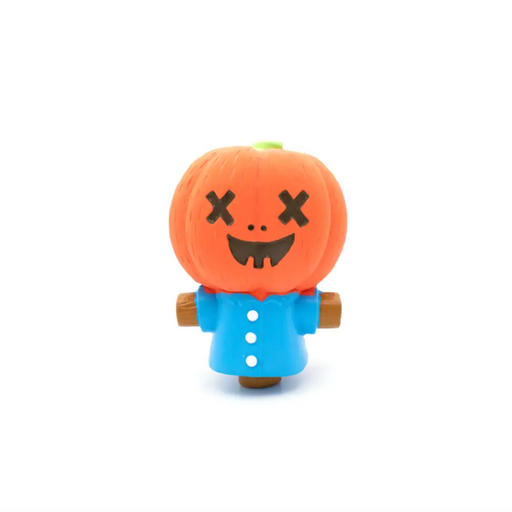 Toy figure with pumpkin head and blue shirt on a white background