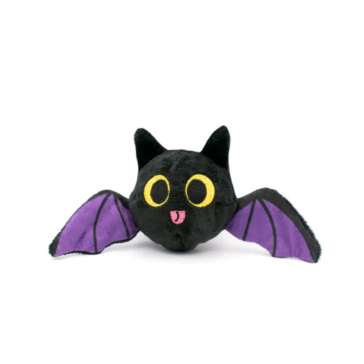 Black plush toy with purple wings on a white background