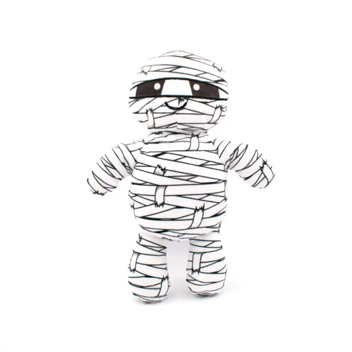 Mummy dog toy sits on a white background