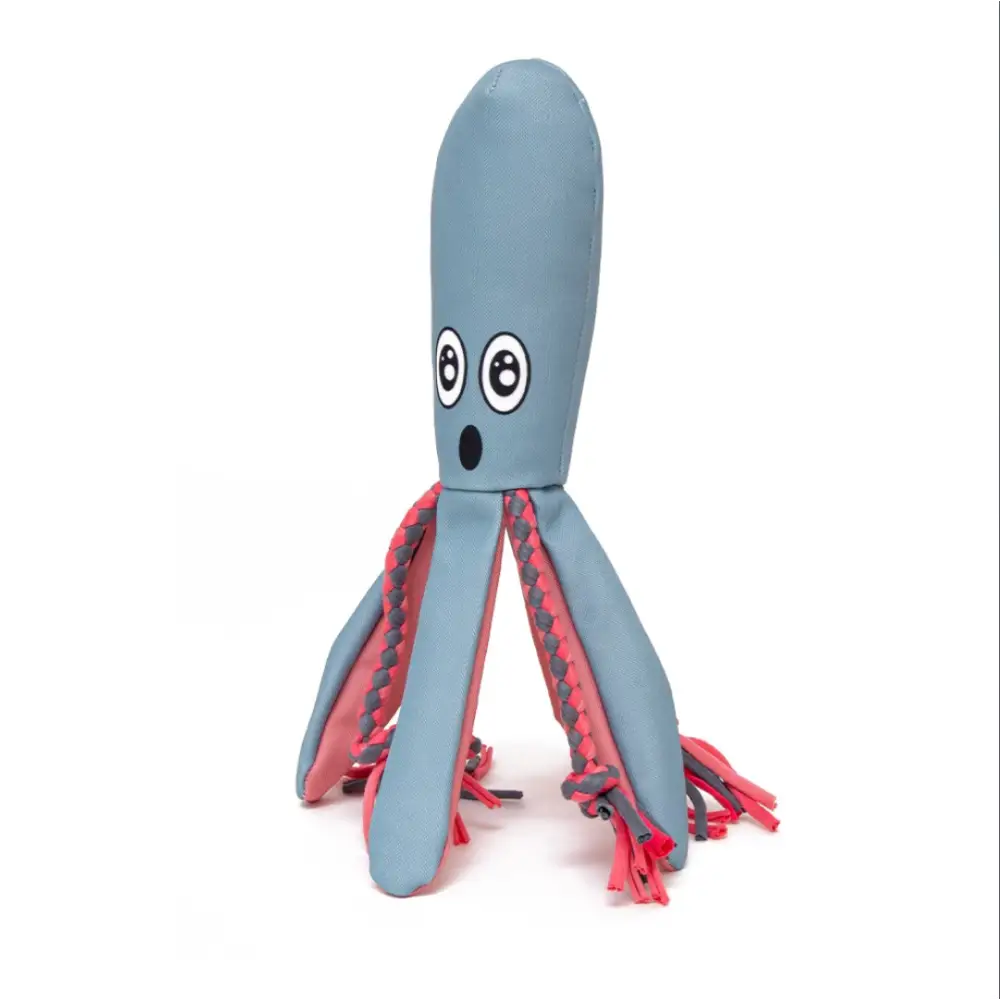 Blue plush oddity ocean squid floating toy with pink accents and fringed tentacles