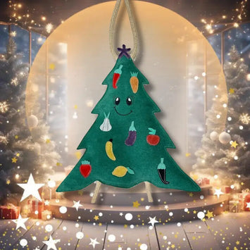 Green And Wilds Carol the Christmas Tree eco toy ornament with smiling face and fruit