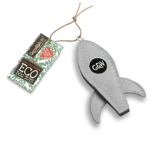 Gray rocket-shaped dog toy with a tag labeled 'Eco Dog Toys' on a white background