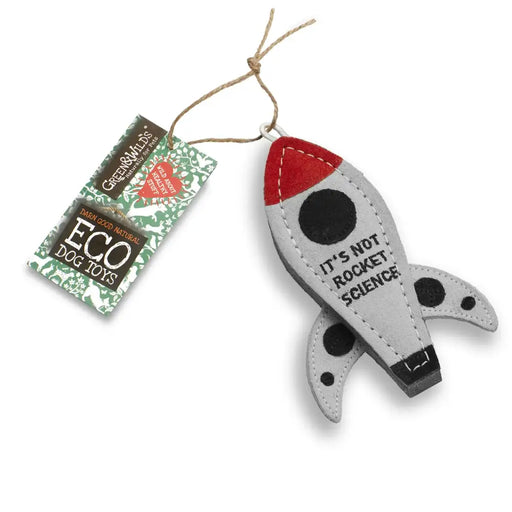 Rocket-shaped toy with 'It's Not Rocket Science' text and packaging labeled 'Eco Dog Toys'.