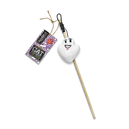 Cat toy with a ghost design on a stick and a packaging label on a white background