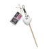 Cat toy with a ghost design on a stick and a packaging label on a white background