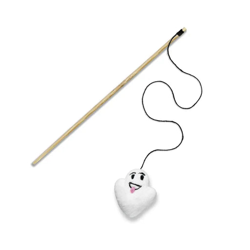 Cat toy with a catnip toy on a string attached to a wooden handle on a white background