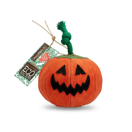 Plush pumpkin toy with a face, attached to a branch, on a white background