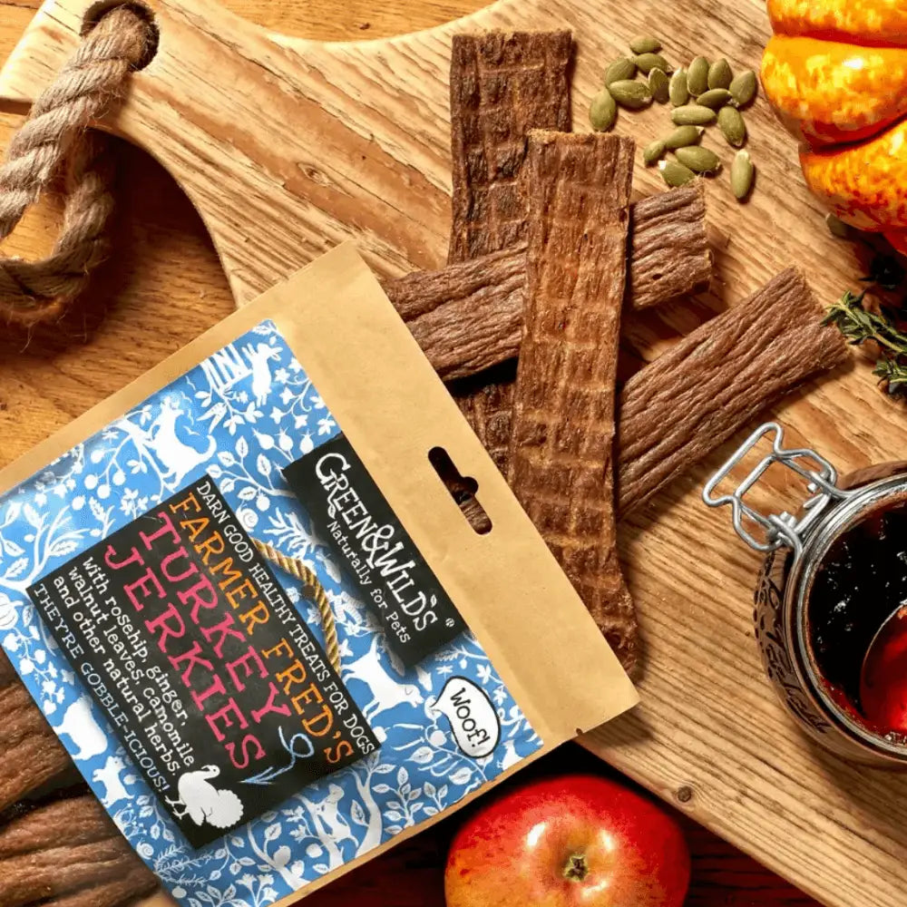 Green And Wilds Turkey Jerkies bag with jerky sticks, apple, jam, seeds