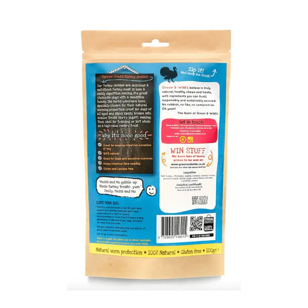 Green And Wilds Turkey Jerkies blue and white cat food bag with QR code