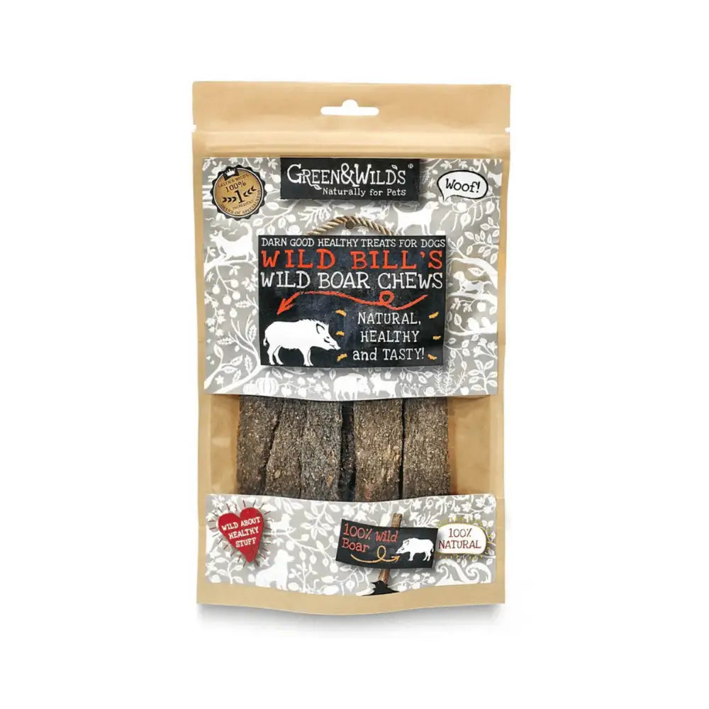 Wild boar chews in dark brown packaging with white snowflake pattern for Green And Wilds