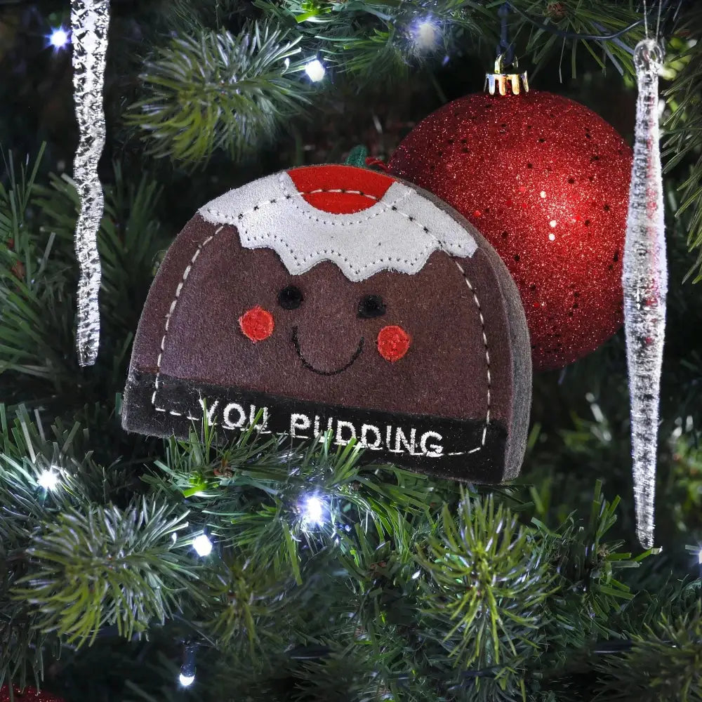 Green And Wilds You Pudding eco dog toy: felt chocolate pudding ornament with smiling face and red icing for smaller dogs Christmas range