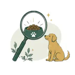 A green magnifying glass with a black handle is positioned over a bowl of brown kibble, which features a white paw print design on its side.