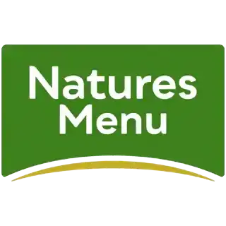 Green rectangular logo with white text ’natures menu’ and yellow curved line at the bottom.