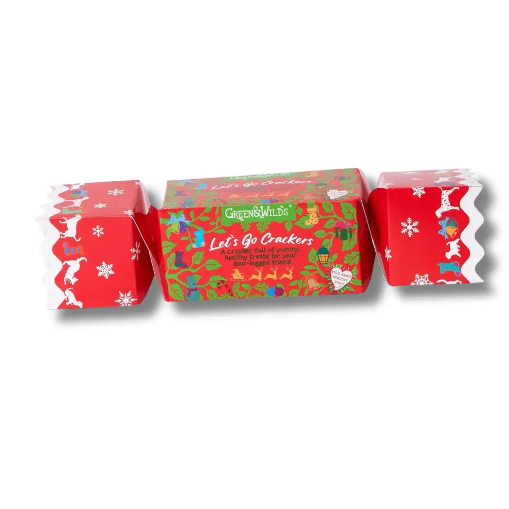 Green And Wilds Christmas Cracker for Dogs with festive red and green designs