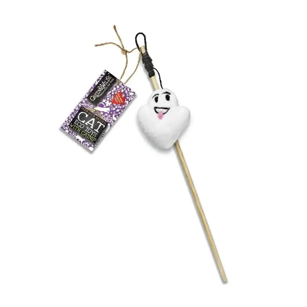 Green And Wilds Mr Spooky eco cat teaser toy with marshmallow ghost cat design