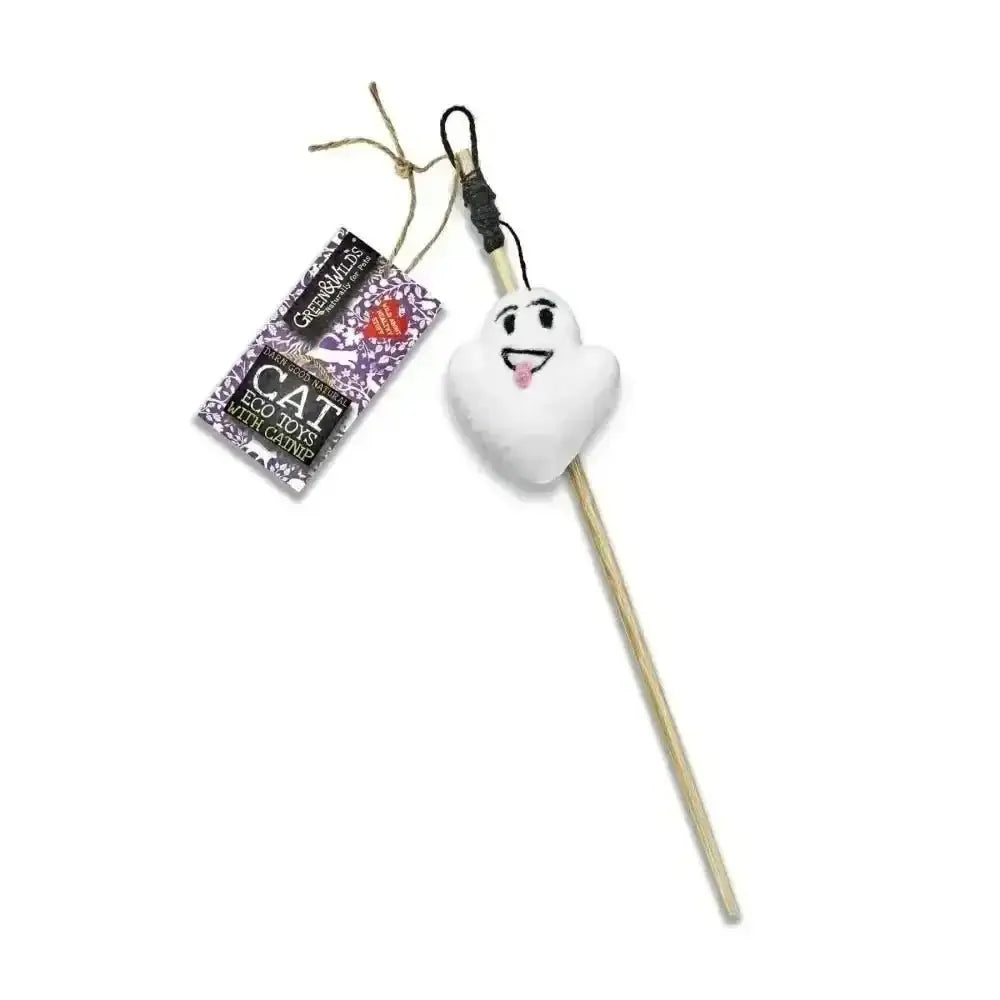 Green And Wilds Mr Spooky eco cat teaser toy with marshmallow ghost cat design
