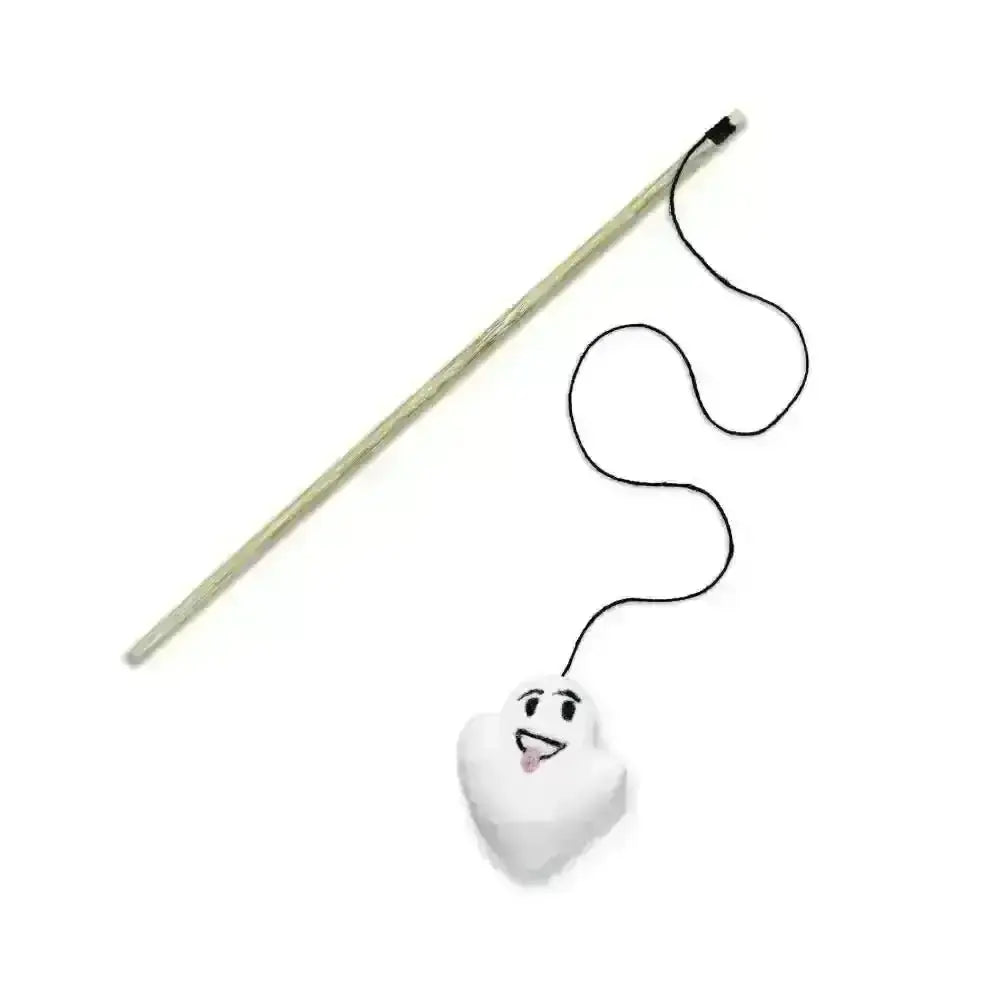Green And Wilds Mr Spooky eco cat teaser toy: white heart plush with smiling face