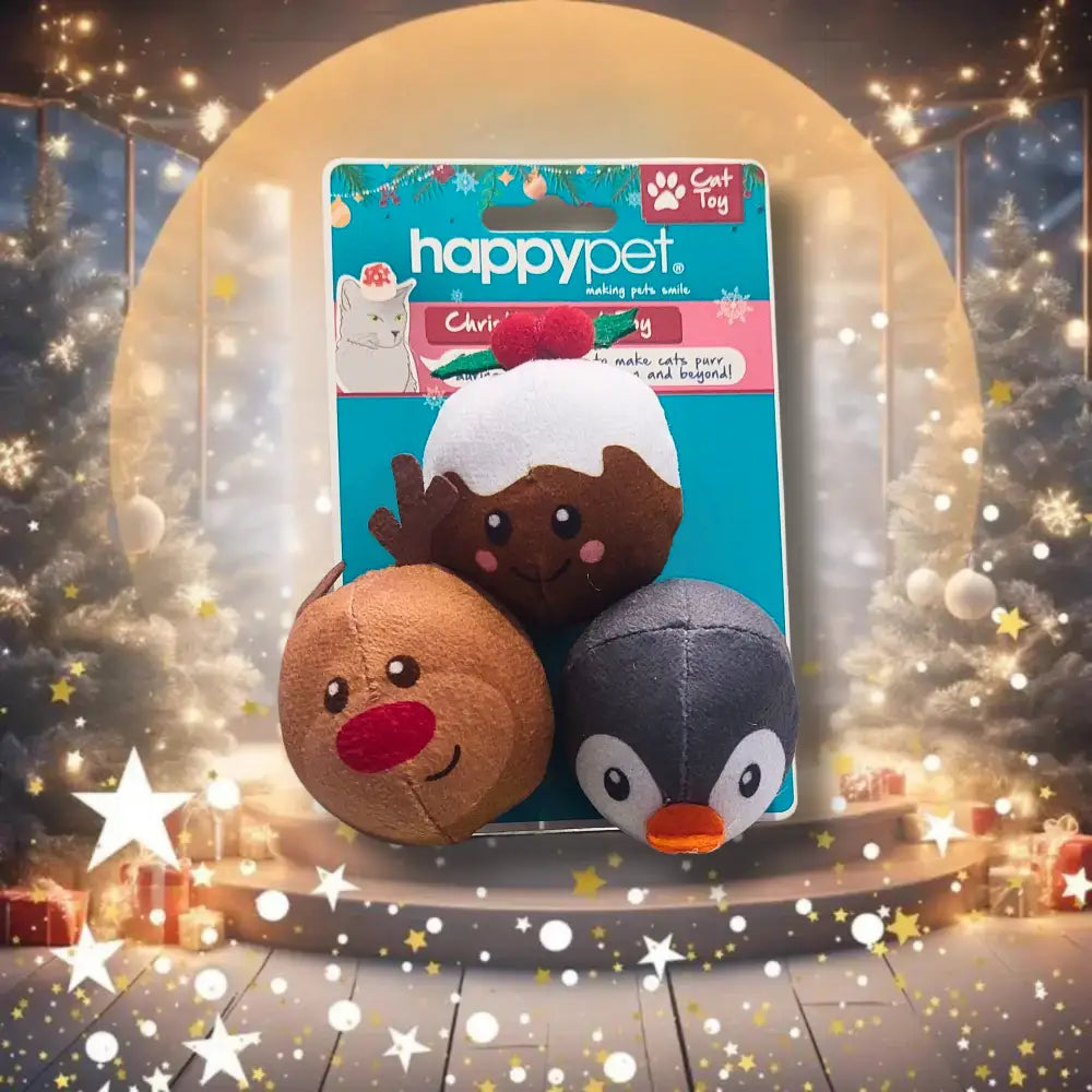 happypet cat toy set with Christmas-themed packaging against a festive background
