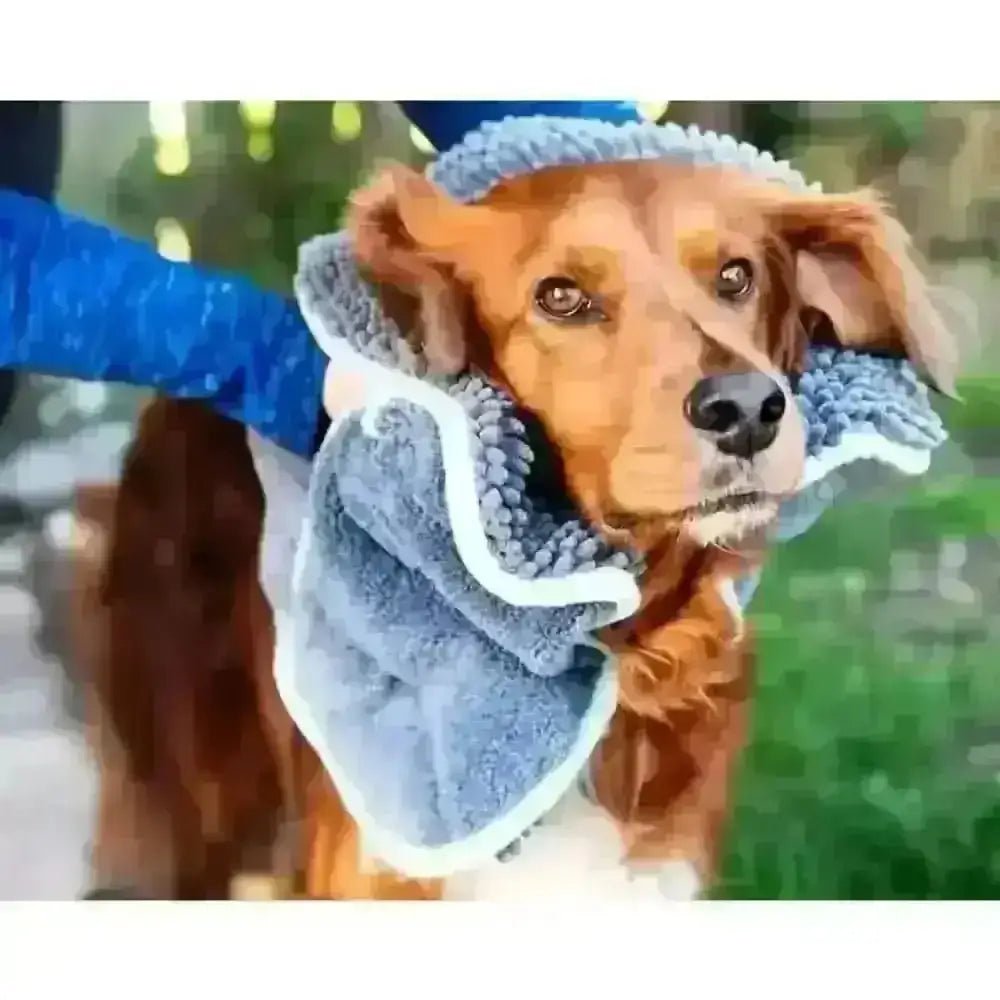 Blue and gray hooded dog sweater with fleece lining and highly absorbent microfibre