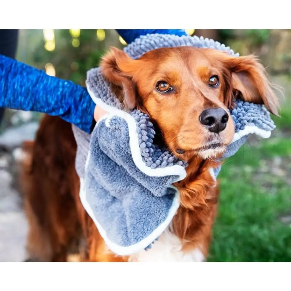 Blue and gray hooded dog sweater with fleece lining and highly absorbent microfibre
