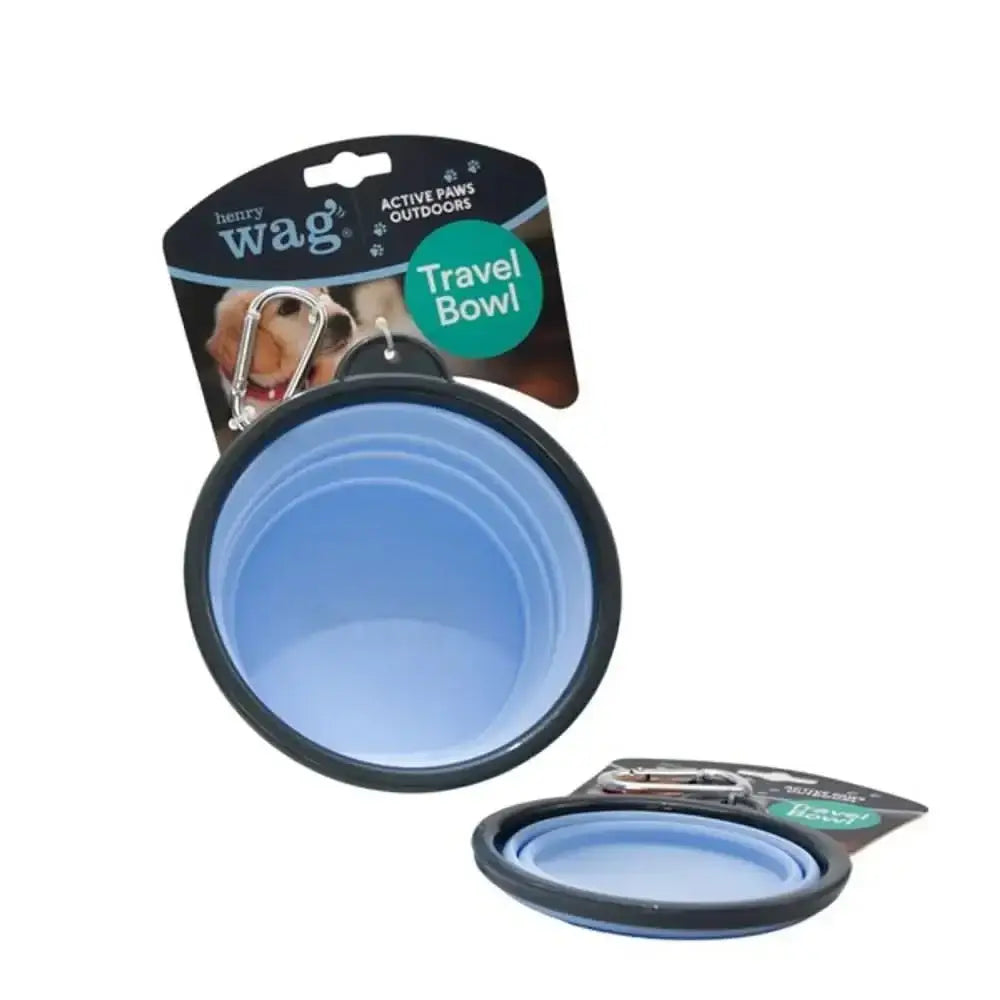 Henry Wag foldable travel bowl with carabiner, gray and blue
