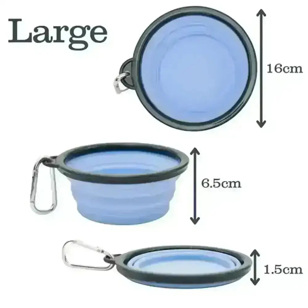 Henry Wag blue silicone folding travel bowl with carabiner and black rim for natural cat food