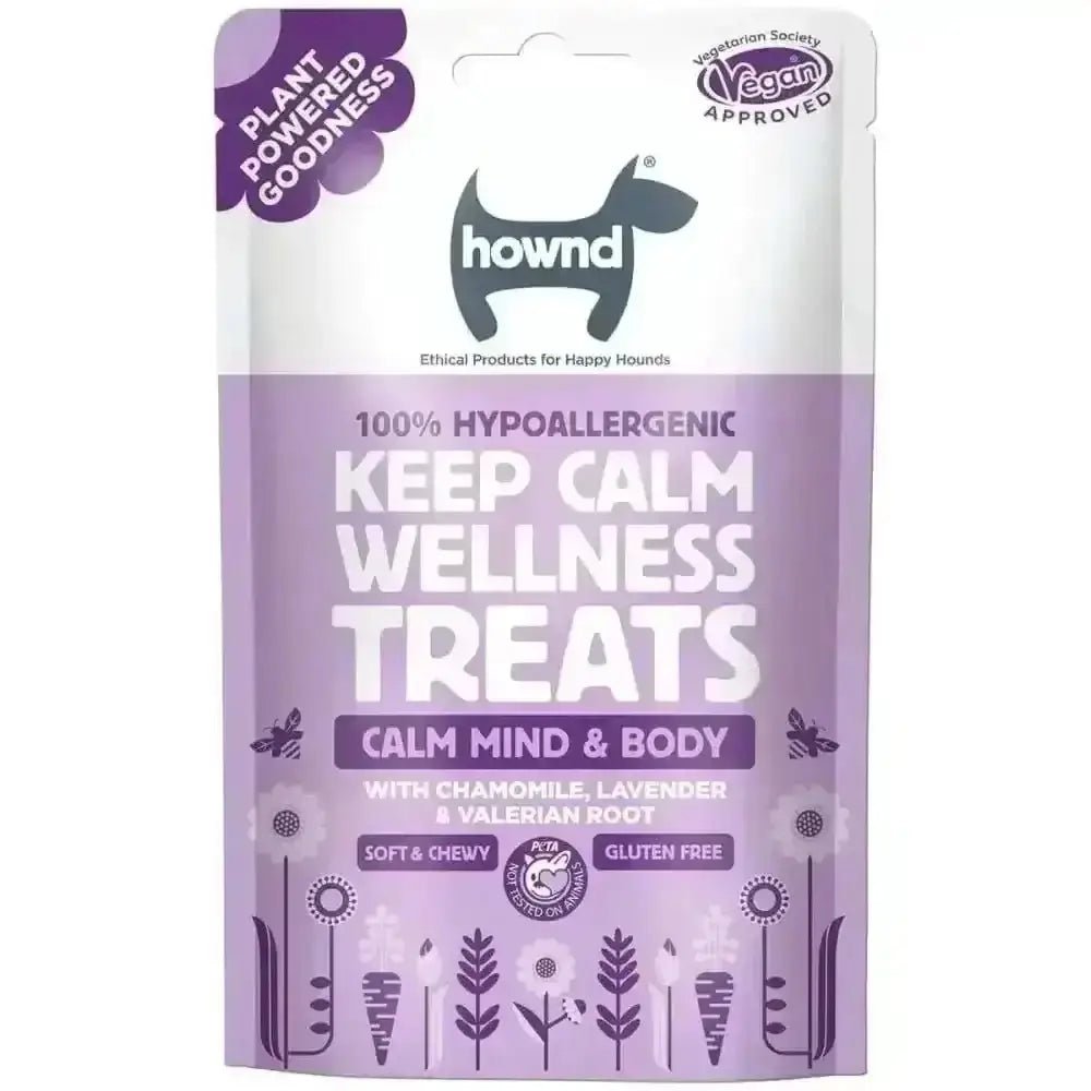 Lavender chewy dog treat bag with chamomile, lavender, valerian root for calm wellness