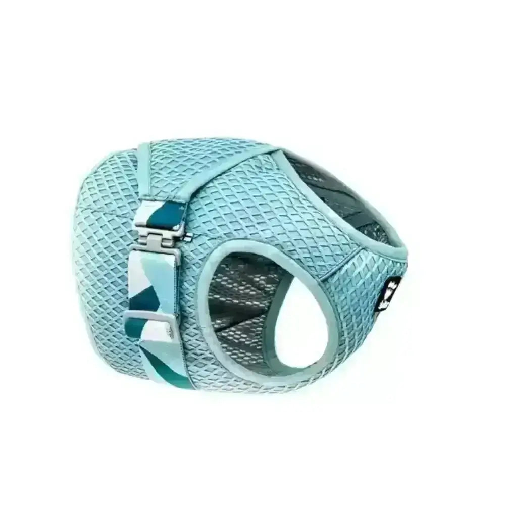 Turquoise mesh Hurtta Cooling Wrap Aquamarine harness with silver buckle
