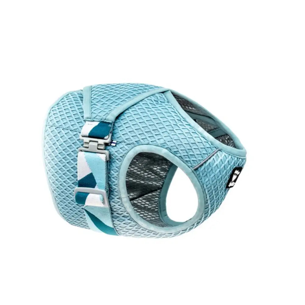 Turquoise mesh Hurtta Cooling Wrap Aquamarine harness with silver buckle