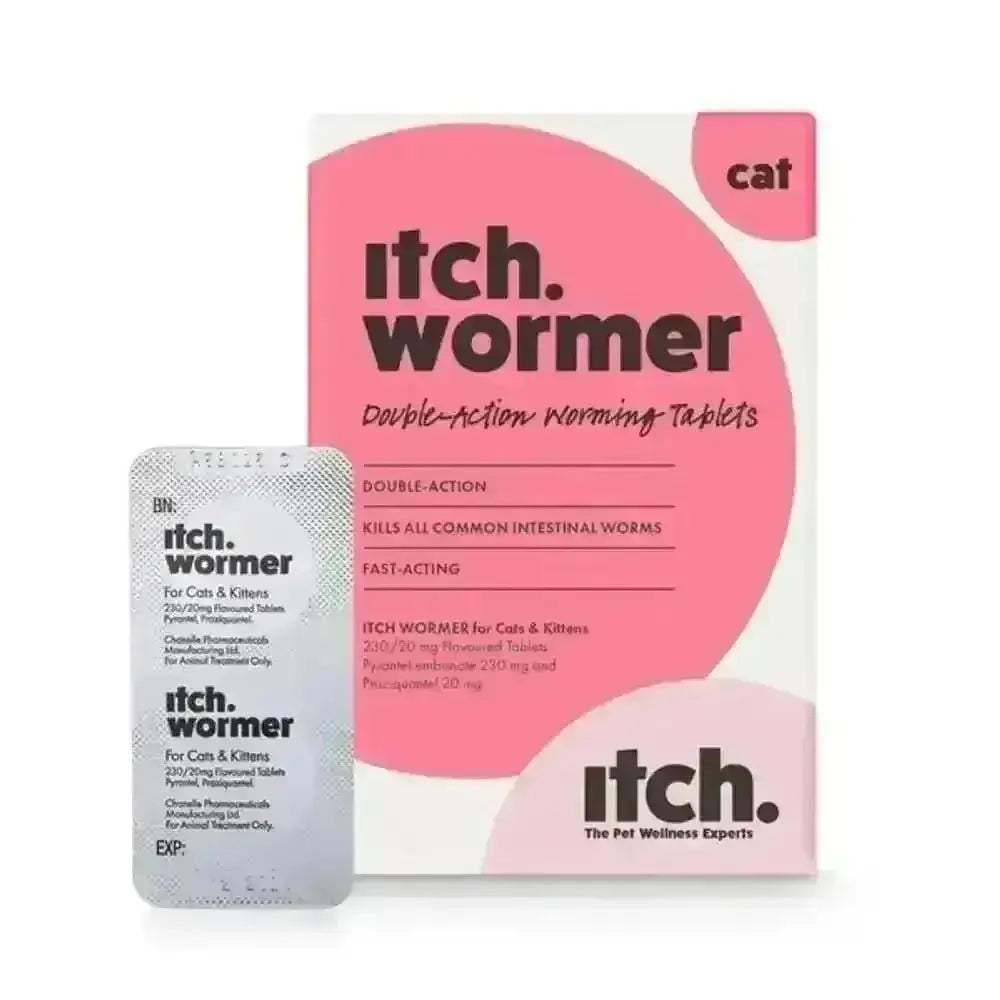 Pink and white Itch Wormer Tablets box for cats with double-action formula