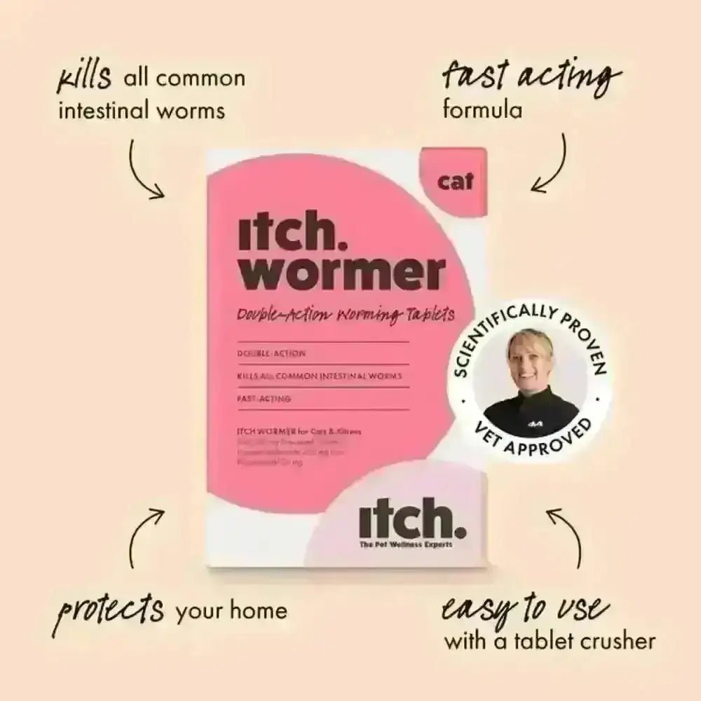 Pink and white Itch Wormer Tablets for Cats packaging with vet-approved label