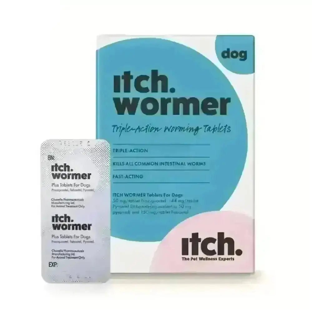 Itch Wormer Tablets for Dogs in pink white blue packaging