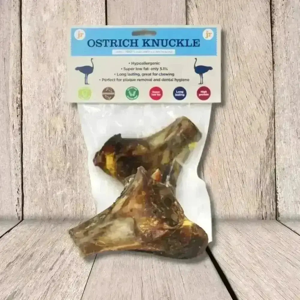 JR Ostrich Knuckle Bone in clear packaging with green label